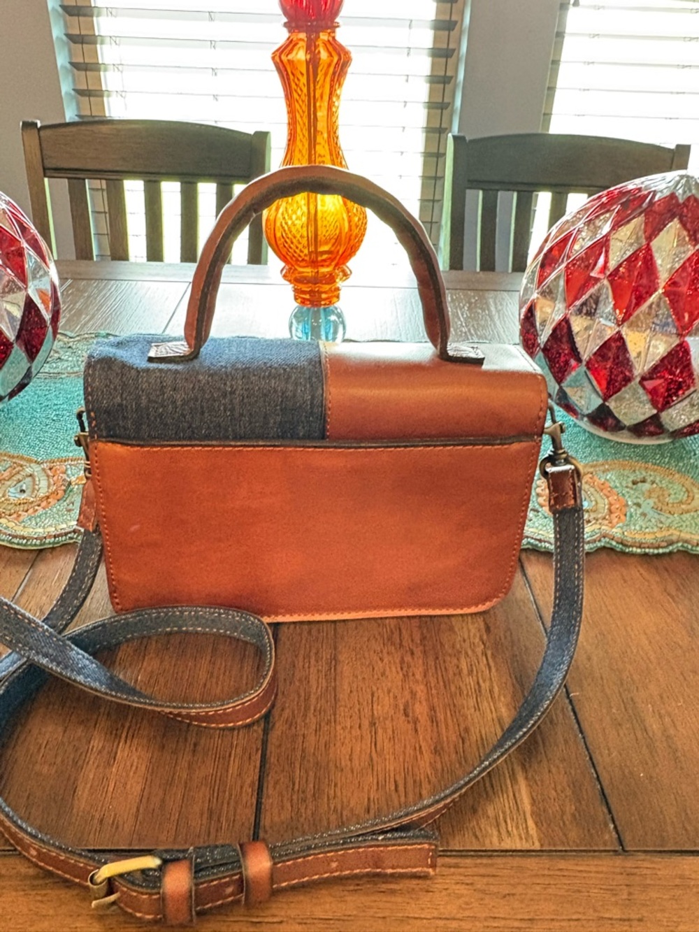 Patricia Nash Denim and Brown Patchwork Mini Satchel - Picture 2 of 7